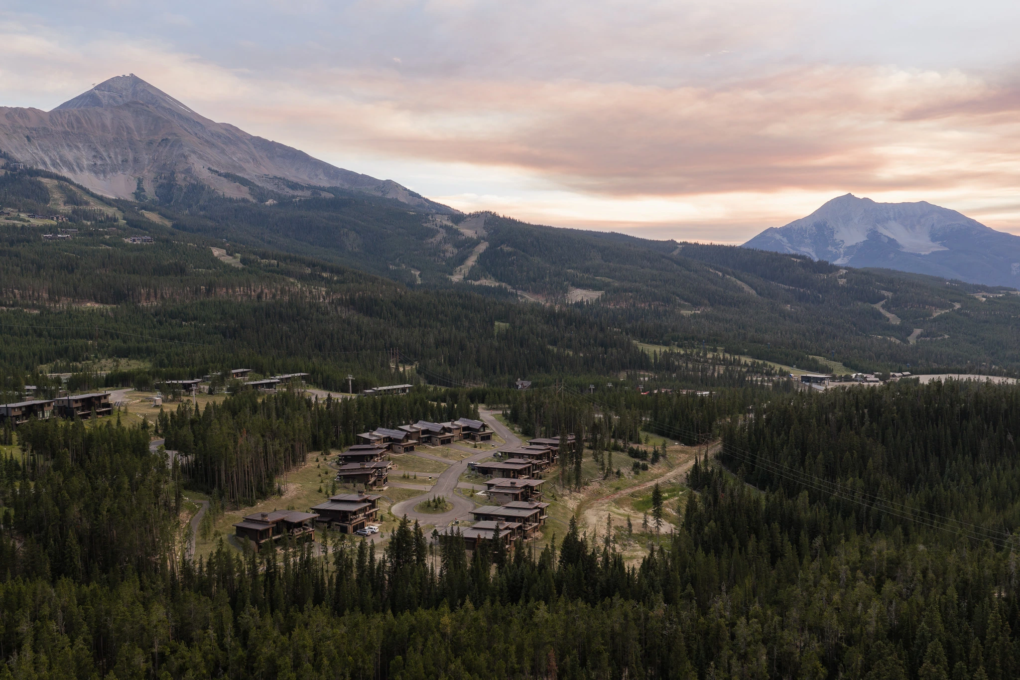 Aerial view of the Spanish Peaks at dusk — architectural photography Big Sky Montana, Reid Smith Architects